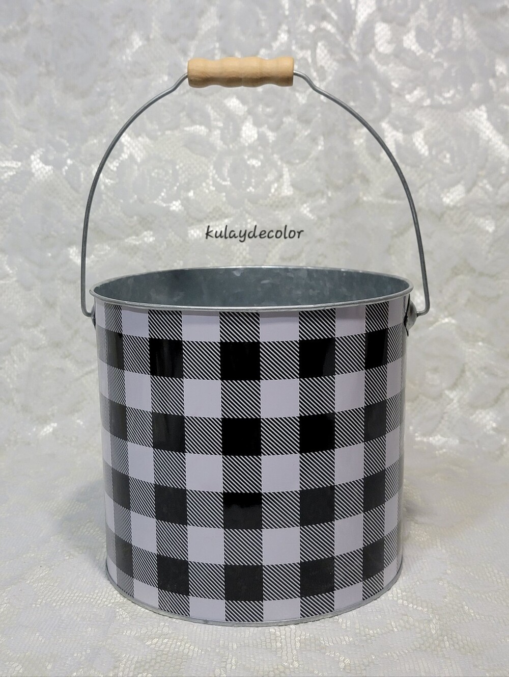 Galvanized Metal Black White Buffalo Check Planter Pot Bucket Wood Farmhouse 7"